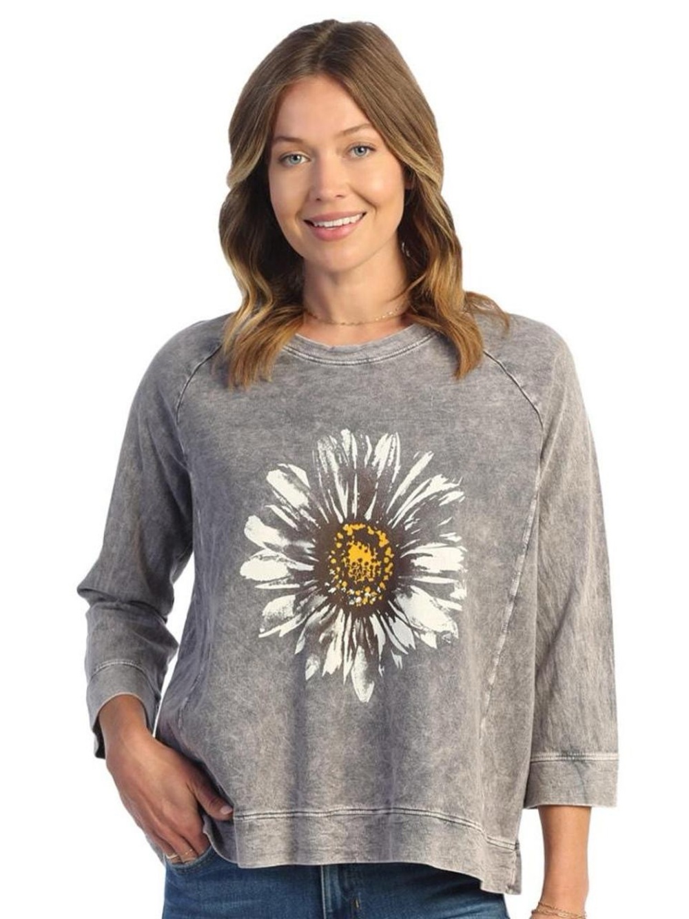 Jess & Jane Daisy Day Mineral Washed Cotton French Terry Top Sz S 3/4 Sleeve